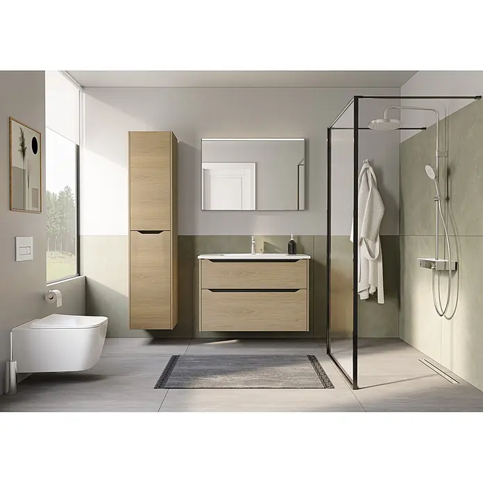 VitrA Integra Square Badmöbel-Set - Gesamtbreite Badmöbel: 100 cm, Eiche Gold - Modernes Badezimmer mit Waschtisch, Hochschrank aus hellem Holz, wandhängendem WC und Glasduschkabine mit Regenduschkopf.