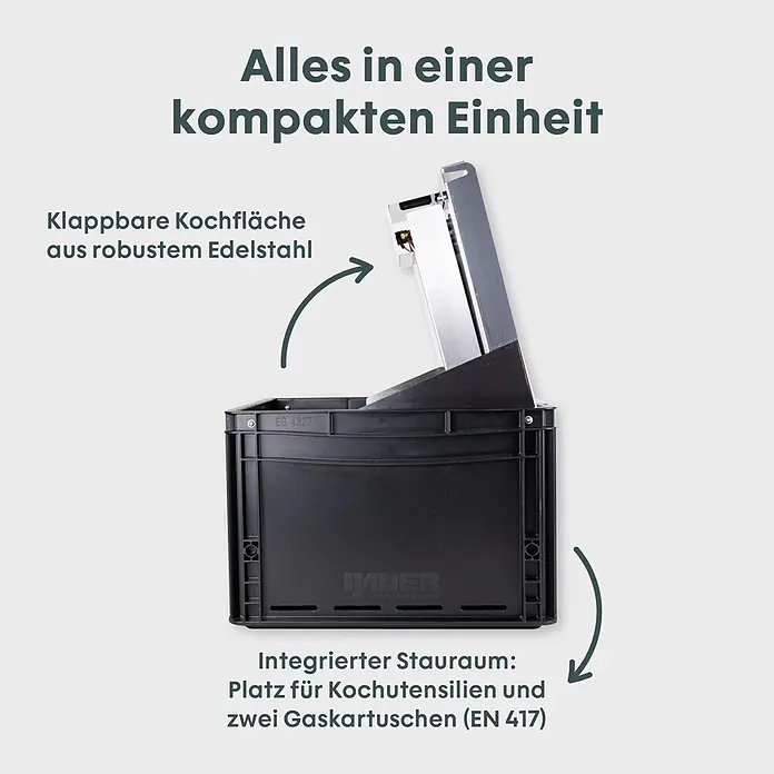 Boxio Gaskocher Cook - 40 x 30 x 28 cm, Edelstahl - Eine schwarze Kiste mit integrierter, klappbarer Kochfläche aus robustem Edelstahl und Stauraum für Kochutensilien und Gaskartuschen.
