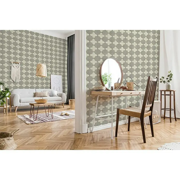 A.S. Création New Walls Vliestapete Stern Fliese - Grau/Beige, Fliesenoptik, 10,05 x 0,53 m - Ein Raum mit einer grauen gemusterten Tapete, die dem Raum einen stilvollen und dekorativen Look verleiht.