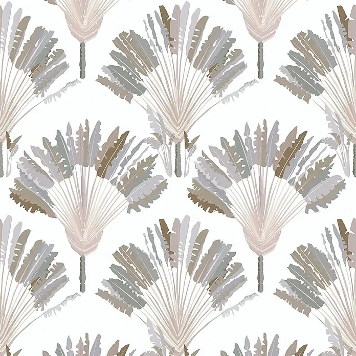 Profhome Vliestapete Vliestapete Palmen grau - braun, 10.050 x 530 mm - Stilisiertes, sich wiederholendes Muster aus fächerförmigen Tropenblättern in Beige, Grau und Braun, für modernes Dekor.