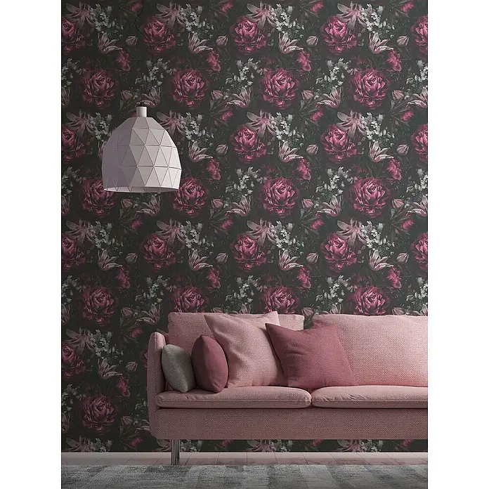 Profhome Vliestapete Heißgeprägte Vliestapete Floral in lila - graurosaschwarz, Floral, 10.050 x 530 mm