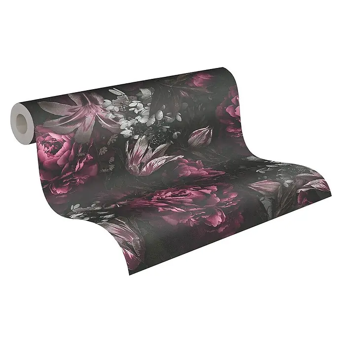 Profhome Vliestapete Heißgeprägte Vliestapete Floral in lila - graurosaschwarz, Floral, 10.050 x 530 mm - Tapetenrolle mit dunklem Blumenmuster: magentafarbene Pfingstrosen, Lilien, Tulpen und silbernes Laub auf dunklem Hintergrund.