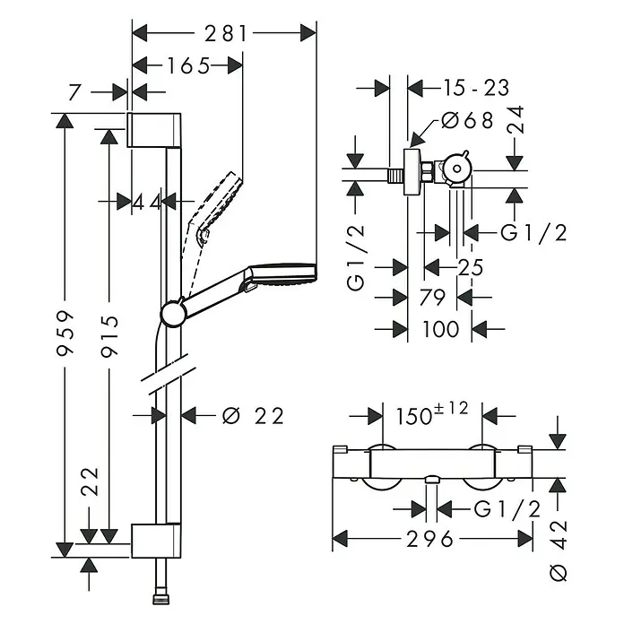 Hansgrohe Crometta Brause-Set Vario/Ecostat 1001 CL - Lochabstand: 91,5 cm, Chrom/Weiß - Technische Zeichnung eines Duschsystems mit allen Maßen für die Installation, inklusive Höhen-, Breiten- und Durchmesserangaben.