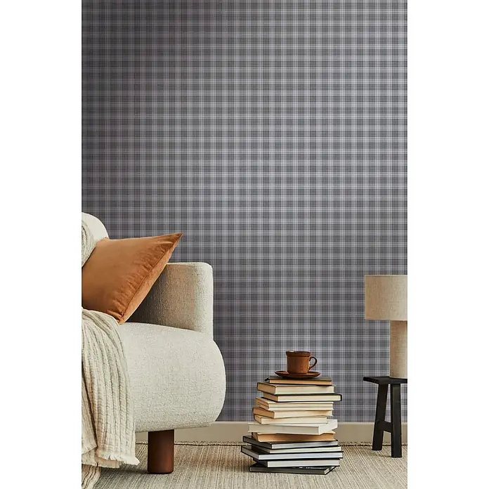 Profhome Vliestapete Vliestapete Grafisch, Geometrisch, Textiloptik, Kariert grau - staub-grau, 10.050 x 530 mm - Graue karierte Tapete, die eine gemütliche Atmosphäre im Raum schafft.