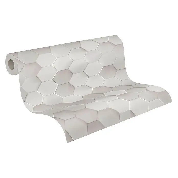 Profhome Vliestapete Heißgeprägte Vliestapete Kachelmuster grau - 10.050 x 530 mm - Weiße 3D-Tapetenrolle mit hexagonalem Muster, abgerollt, zeigt erhabenes geometrisches Design.