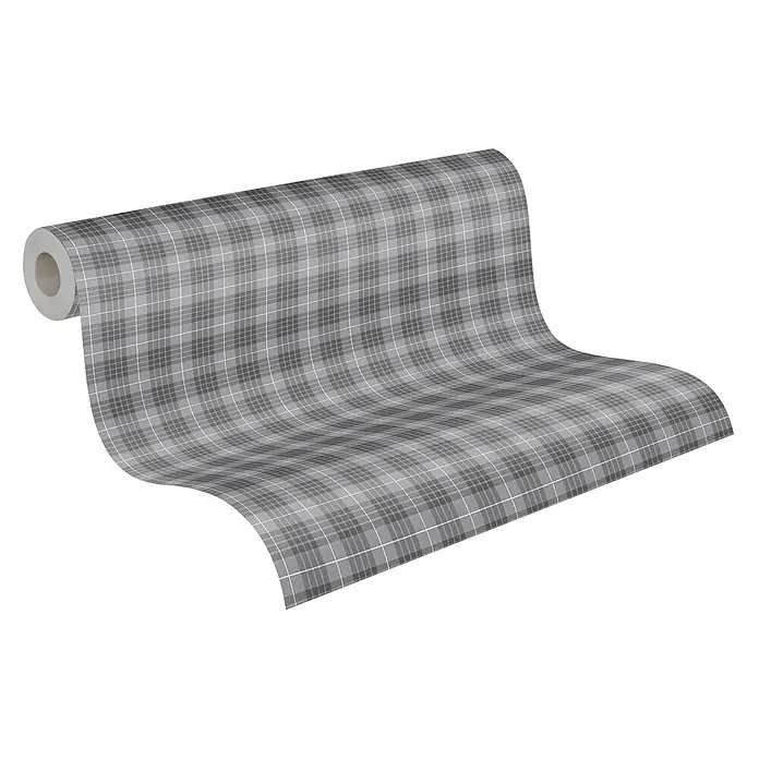 Profhome Vliestapete Vliestapete Grafisch, Geometrisch, Textiloptik, Kariert grau - staub-grau, 10.050 x 530 mm - Graue karierte Tapete, teilweise von einer Rolle abgerollt.