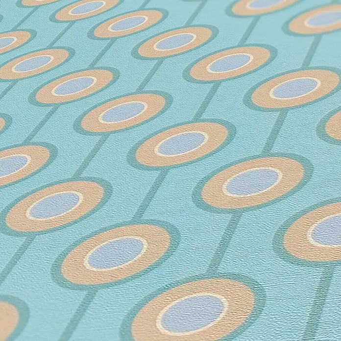 Profhome Vliestapete Heißgeprägte Vliestapete Grafisch, Retro, Geometrisch, Ornament in türkis - beigeminz-grünpastell-türkis, 8.500 x 530 mm - Strukturierte blaue Tapete mit retro-geometrischem Muster: miteinander verbundene Ovale in Pfirsich und Hellblau.