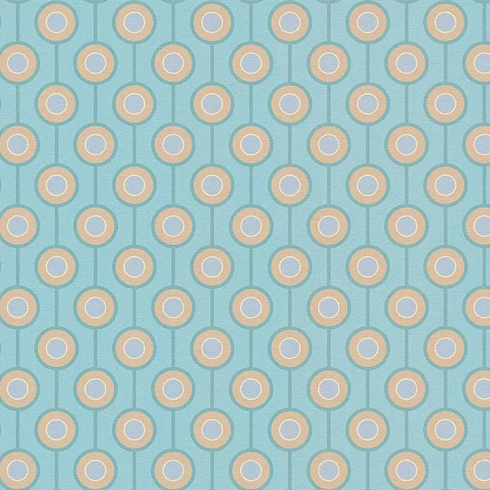 Profhome Vliestapete Heißgeprägte Vliestapete Grafisch, Retro, Geometrisch, Ornament in türkis - beigeminz-grünpastell-türkis, 8.500 x 530 mm - Nahtloses Retromuster mit verbundenen hellorangen und blauen Kreisen auf strukturiertem hellblauem Hintergrund.