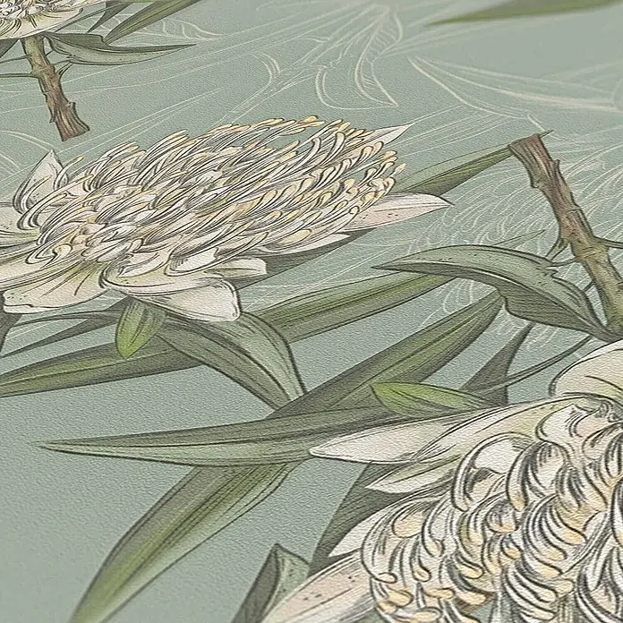 Profhome Vliestapete Vliestapete Blumen, Landhaus, Floral, Romantisch, Natur in blau - grün, 10.050 x 530 mm - Strukturierte grüne Oberfläche mit cremefarbenem und grünem Blumenmuster.