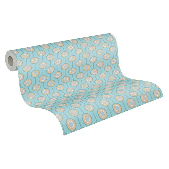 Profhome Vliestapete Heißgeprägte Vliestapete Grafisch, Retro, Geometrisch, Ornament in türkis - beigeminz-grünpastell-türkis, 8.500 x 530 mm - Eine Rolle hellblauer Tapete mit verbundenen orangefarbenen und hellgrauen konzentrischen Kreisen in einem Retro-Muster.