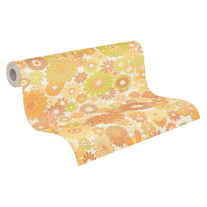 Profhome Vliestapete Heißgeprägte Vliestapete Blumen, Floral, Retro in gelb - creme-weißgrünocker-braun, 8.500 x 530 mm - Retro Blumenmuster-Tapetenrolle mit orangefarbenen, gelben und grünen Gänseblümchen.