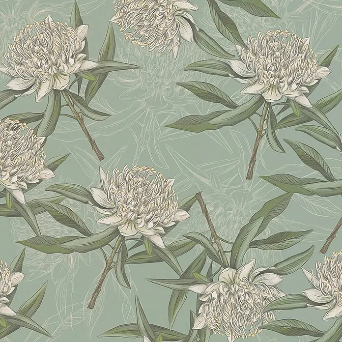 Profhome Vliestapete Vliestapete Blumen, Landhaus, Floral, Romantisch, Natur in blau - grün, 10.050 x 530 mm - Botanisches Muster mit weißen Blüten und grünen Blättern.