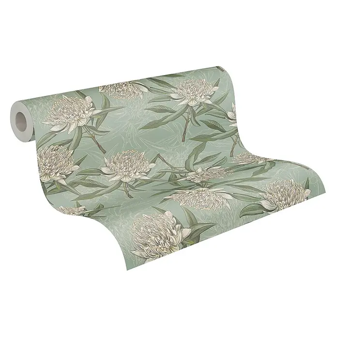 Profhome Vliestapete Vliestapete Blumen, Landhaus, Floral, Romantisch, Natur in blau - grün, 10.050 x 530 mm - Tapetenrolle mit Muster aus großen weißen Blüten und grünen Blättern auf hellgrünem Hintergrund.