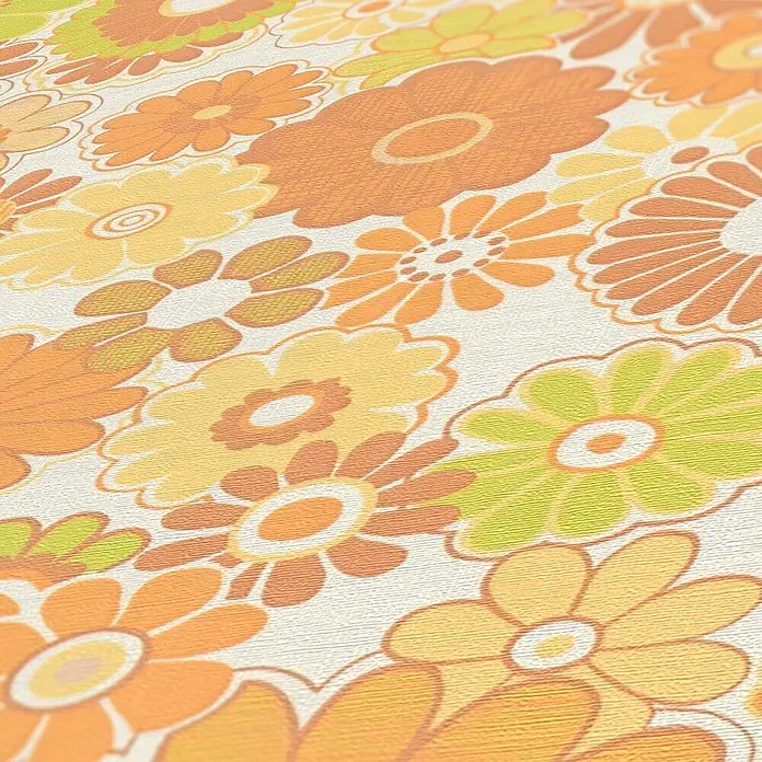 Profhome Vliestapete Heißgeprägte Vliestapete Blumen, Floral, Retro in gelb - creme-weißgrünocker-braun, 8.500 x 530 mm - Retro-Blumentapete in Orange, Gelb und Grün.