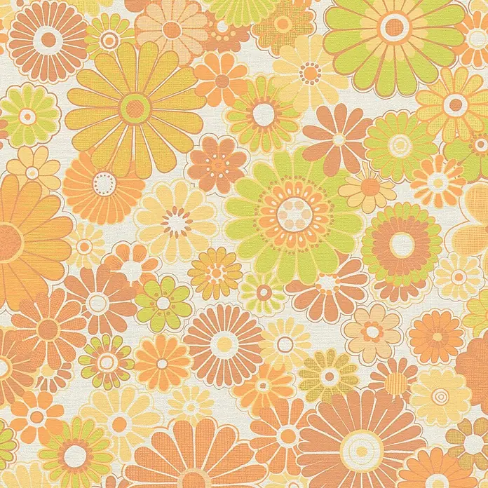 Profhome Vliestapete Heißgeprägte Vliestapete Blumen, Floral, Retro in gelb - creme-weißgrünocker-braun, 8.500 x 530 mm - Retro Blumenmuster mit orangefarbenen, gelben und lindgrünen Blumen.