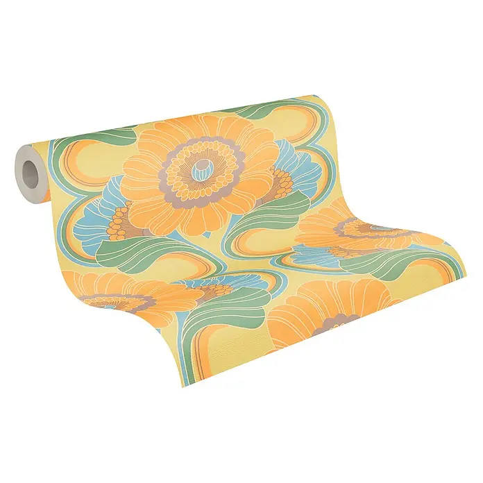 Profhome Vliestapete Heißgeprägte Vliestapete Blumen, Grafisch, Retro, Ornament in gelb - beige-graugrün, 8.500 x 530 mm - Eine Tapetenrolle in Gelb mit lebhaftem Retro-Blumenmuster in Orange, Blau und Grün.