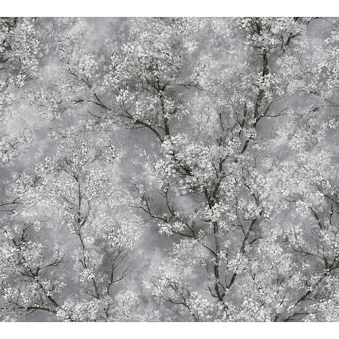 A.S. Création New Walls Vliestapete Bäume - Grau, Floral, 10,05 x 0,53 m - Detailaufnahme einer Tapete mit einem malerischen Baumblütenmuster in Graustufen, ideal für eine elegante Raumgestaltung.