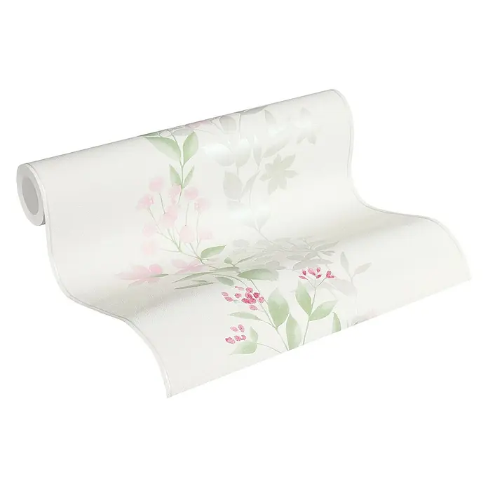 Profhome Vliestapete Vliestapete Floral in grün - graurosa, Floral, 10.050 x 530 mm - Helle Tapetenrolle mit zartem Blumenmuster aus rosa Blüten, grünen Blättern und subtilen metallischen Silberpflanzenmotiven.