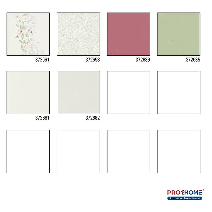 Profhome Vliestapete Vliestapete Floral in grün - graurosa, Floral, 10.050 x 530 mm - Sechs Tapetenmuster mit floralen, strukturierten und unifarbenen Designs in Rosa, Grün und Creme.