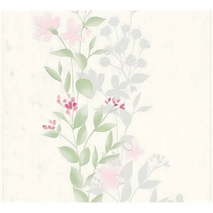Profhome Vliestapete Vliestapete Floral in grün - graurosa, Floral, 10.050 x 530 mm - Helle cremefarbene Tapete mit vertikalem Muster aus rosa Blüten, roten Beeren und grünen Blättern.