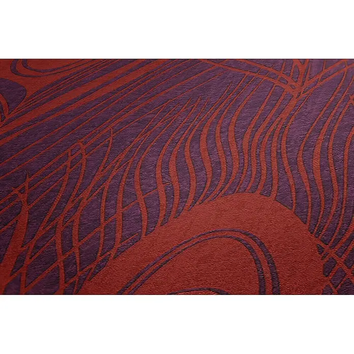 Profhome Vliestapete Vliestapete Federn in rot - gold, 10.050 x 530 mm - Texturiertes Muster aus rotbraunen organischen Formen und Linien auf einem tiefen lila Hintergrund.