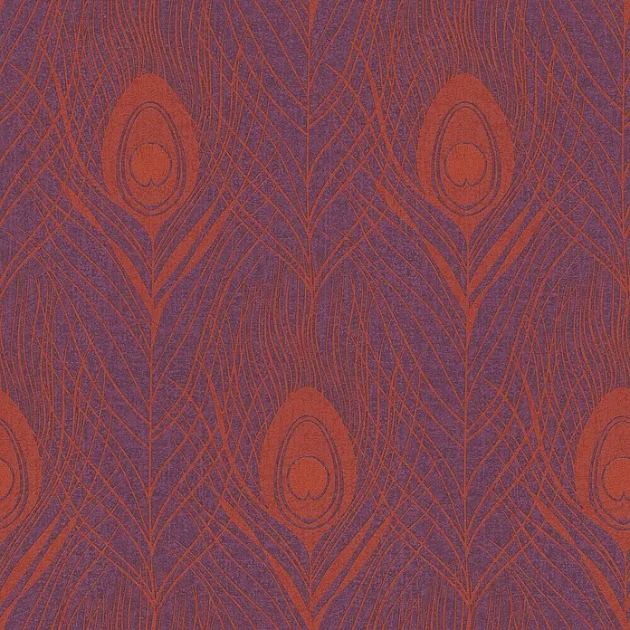 Profhome Vliestapete Vliestapete Federn in rot - gold, 10.050 x 530 mm - Wiederholendes Pfauenfeder-Muster in Dunkelviolett und Rostorange, geeignet für Tapeten oder Stoffe.