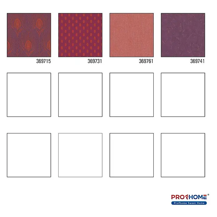 Profhome Vliestapete Vliestapete Federn in rot - gold, 10.050 x 530 mm - Vier Tapetenmuster: gemustert in Bordeauxrot, rot gepunktet, terrakotta strukturiert und dunkelviolett strukturiert.