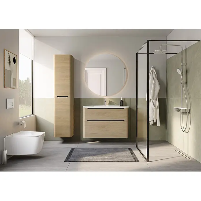 VitrA Integra Round Badmöbel-Set - Gesamtbreite Badmöbel: 100 cm, Eiche Gold - Modernes Badezimmer mit hellholz Waschtisch, Hochschrank, Wand-WC und Dusche. Mit beleuchtetem Spiegel.