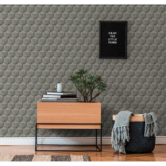 Profhome Vliestapete Heißgeprägte Vliestapete Retro in türkis - beigeblaugrau, 10.050 x 530 mm - Geometrische 3D-Tapete in Blau- und Beigetönen, an einer Wand angebracht.