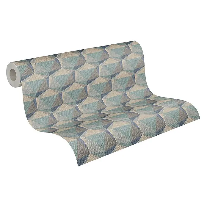 Profhome Vliestapete Heißgeprägte Vliestapete Retro in türkis - beigeblaugrau, 10.050 x 530 mm - Rolle strukturierter Tapete mit wiederholtem geometrischem Muster in Blau-, Petrol- und Beigetönen.