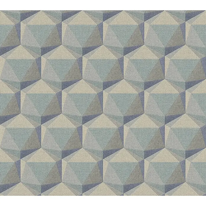 Profhome Vliestapete Heißgeprägte Vliestapete Retro in türkis - beigeblaugrau, 10.050 x 530 mm - Textilmuster mit wiederholten geometrischen 3D-Formen in Blau, Grau und Beige.