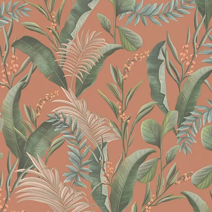Profhome Vliestapete Vliestapete Blumen, Landhaus, Floral, Romantisch, Palmen, Natur in orange - beigegrünrot, 10.050 x 530 mm - Tropisches Blattmuster mit grünen und rosafarbenen Palmblättern, breiten grünen Blättern und orangefarbenen Beeren auf Terrakotta-Hintergrund.