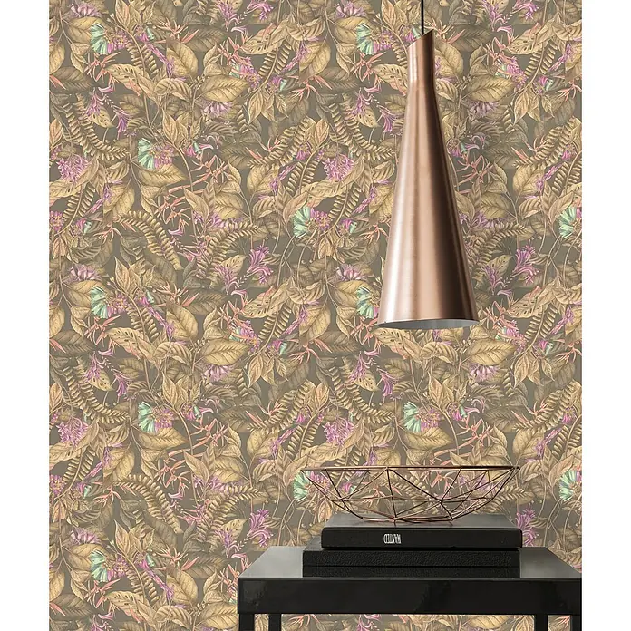 Profhome Vliestapete Vliestapete Blumen, Floral, Dschungel, Natur, Exotisch in braun - beigelila, 10.050 x 530 mm - Tropische Blätter- und Blumen-Tapete in Braun-, Lila- und Blautönen, verschönert ein modernes Interieur.