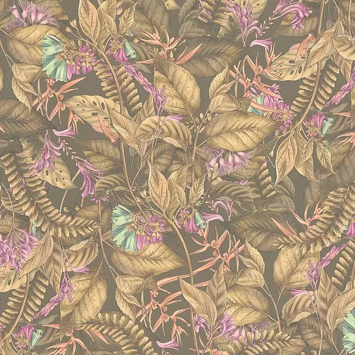 Profhome Vliestapete Vliestapete Blumen, Floral, Dschungel, Natur, Exotisch in braun - beigelila, 10.050 x 530 mm - Botanisches Muster mit braun/goldenen Blättern und lila, rosa, hellblauen Blüten auf dunklem Hintergrund, für Tapeten oder Stoffe.
