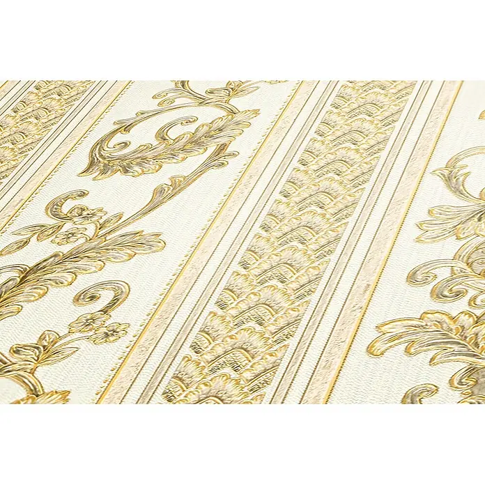 Profhome Vliestapete Vliestapete Streifen in gold - creme-weiß, Streifen, 10.050 x 530 mm - Strukturierte gold-beige gestreifte Tapete mit opulenten floralen und geometrischen Mustern.