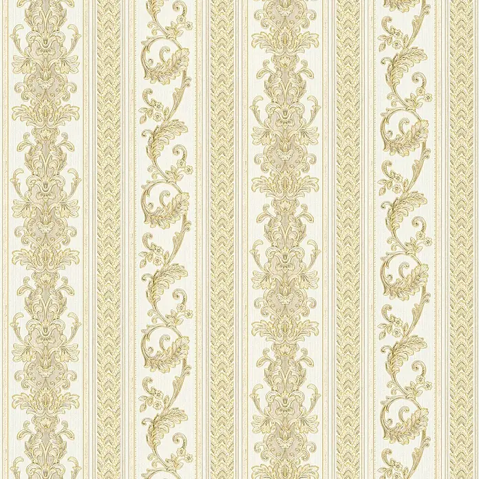 Profhome Vliestapete Vliestapete Streifen in gold - creme-weiß, Streifen, 10.050 x 530 mm - Elegante gestreifte Tapete mit abwechselnden ornamentalen goldenen und beigefarbenen Blumen- und geometrischen Mustern.