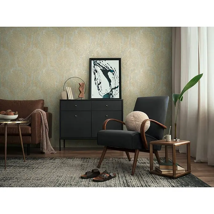 Profhome Vliestapete Heißgeprägte Vliestapete Textiloptik, Ornament, Barock grau - goldgrün-beige, 10.050 x 530 mm - Strukturierte hellgrüne Tapete mit elegantem goldfarbenem Damastmuster für ein gemütliches Wohnzimmer.