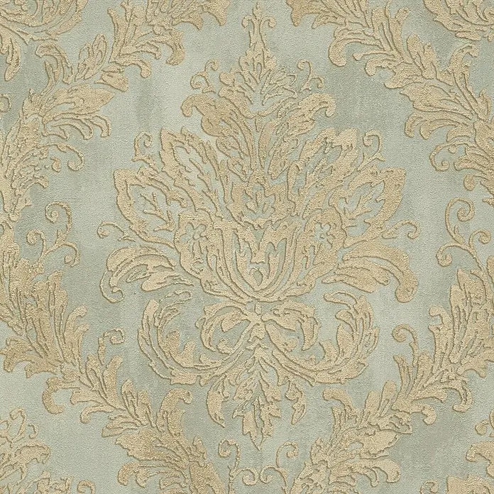 Profhome Vliestapete Heißgeprägte Vliestapete Textiloptik, Ornament, Barock grau - goldgrün-beige, 10.050 x 530 mm - Geprägte Damasttapete mit goldenem Zier­muster auf strukturiertem salbeigrünen Hintergrund.