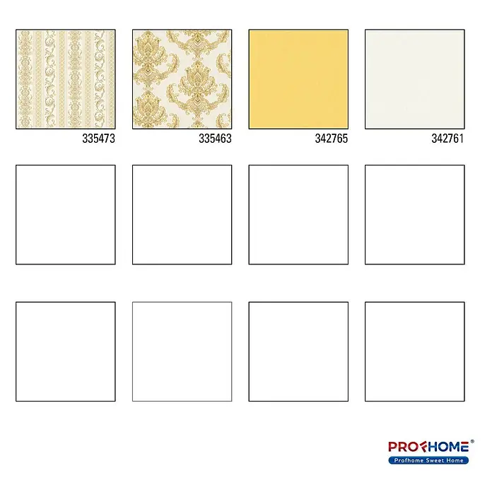 Profhome Vliestapete Vliestapete Streifen in gold - creme-weiß, Streifen, 10.050 x 530 mm - Vier Tapetenmuster: zwei mit opulenten Goldmustern (gestreift und Damast), eines unifarben gelb, eines unifarben cremeweiß.