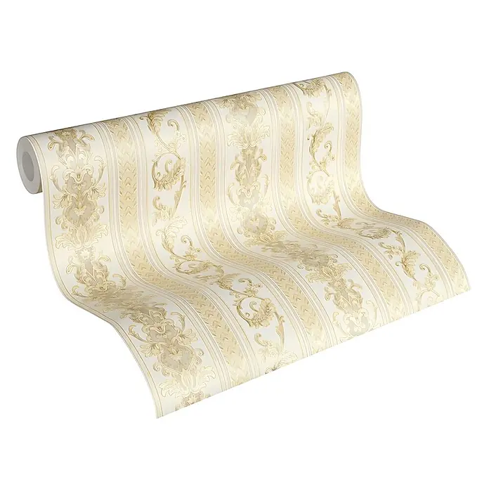 Profhome Vliestapete Vliestapete Streifen in gold - creme-weiß, Streifen, 10.050 x 530 mm - Rolle eleganter cremefarbener und goldener Tapete mit klassischem Barock- und Streifenmuster.