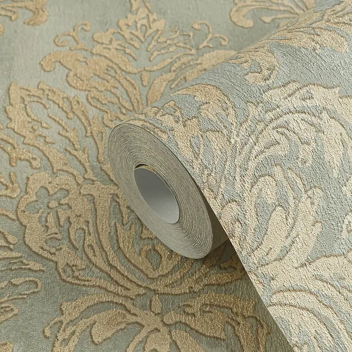 Profhome Vliestapete Heißgeprägte Vliestapete Textiloptik, Ornament, Barock grau - goldgrün-beige, 10.050 x 530 mm - Rolle geprägter salbeigrüner und goldener Damast-Tapete.