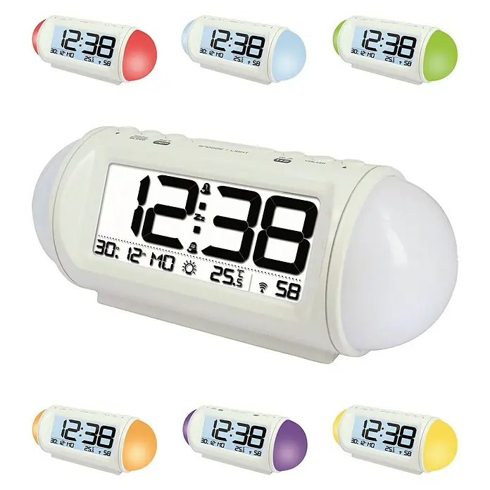 Technoline Funkwecker WT 499 - Digitales Display, Netzbetrieben, Weiß, 8,5 x 20 x 16 cm - Vielfältiger, digitaler Wecker mit farbigen Nachtlichtern für eine angenehme Atmosphäre und präziser Zeitanzeige.