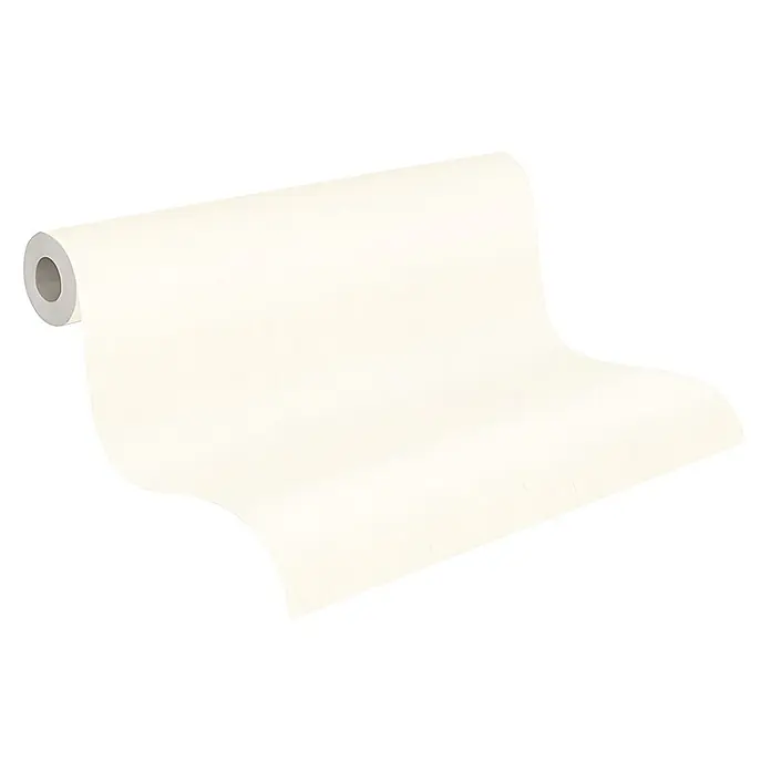 Profhome Vliestapete Vliestapete zum Überstreichen Textiloptik in weiß - 21.000 x 1.060 mm - Rolle cremefarbener strukturierter Tapete, teilweise abgerollt.