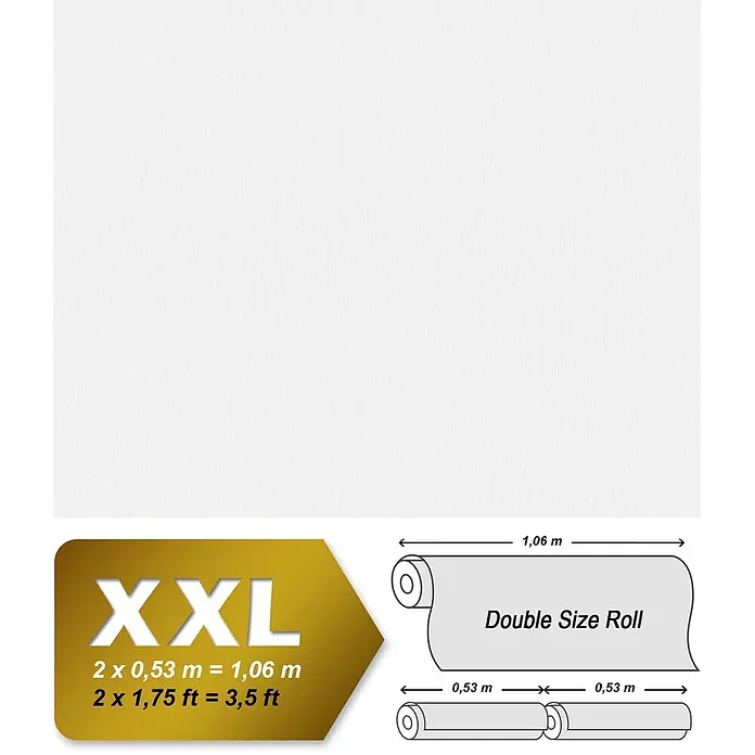 Profhome Vliestapete Vliestapete zum Überstreichen Textiloptik in weiß - 21.000 x 1.060 mm - Doppelgrößen-Tapetenrolle, 1,06 m (3,5 ft) breit, entspricht zwei 0,53 m (1,75 ft) Standardrollen. Maße im Diagramm dargestellt.