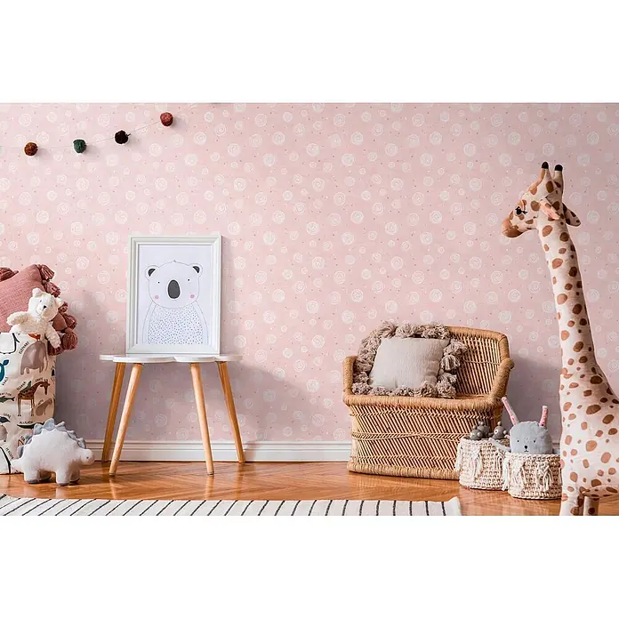 Profhome Vliestapete Vliestapete Grafisch, Kindertapete in rosa - alt-rosa, 10.050 x 530 mm - Rosa Tapete mit weißen Schnörkelmustern, in einem gemütlichen Kinderzimmer.