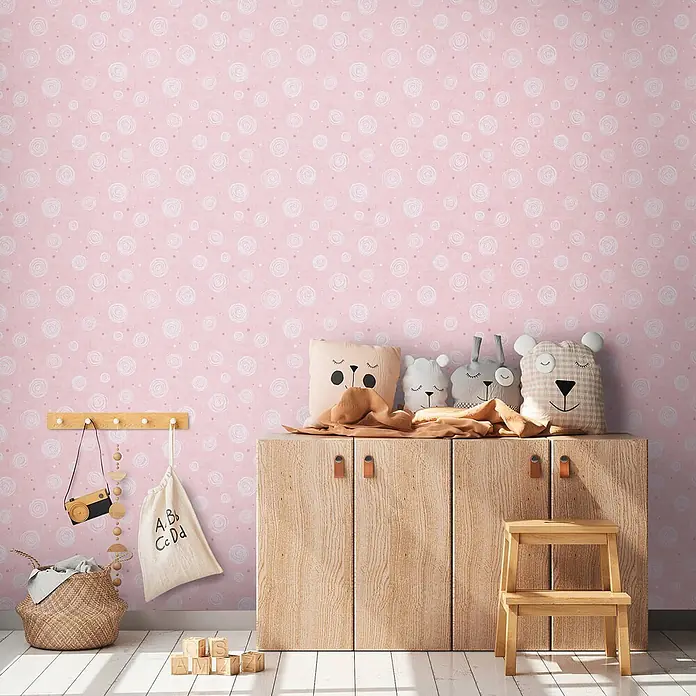 Profhome Vliestapete Vliestapete Grafisch, Kindertapete in rosa - alt-rosa, 10.050 x 530 mm - Rosa Kindertapete mit weißem Schnörkelmuster.