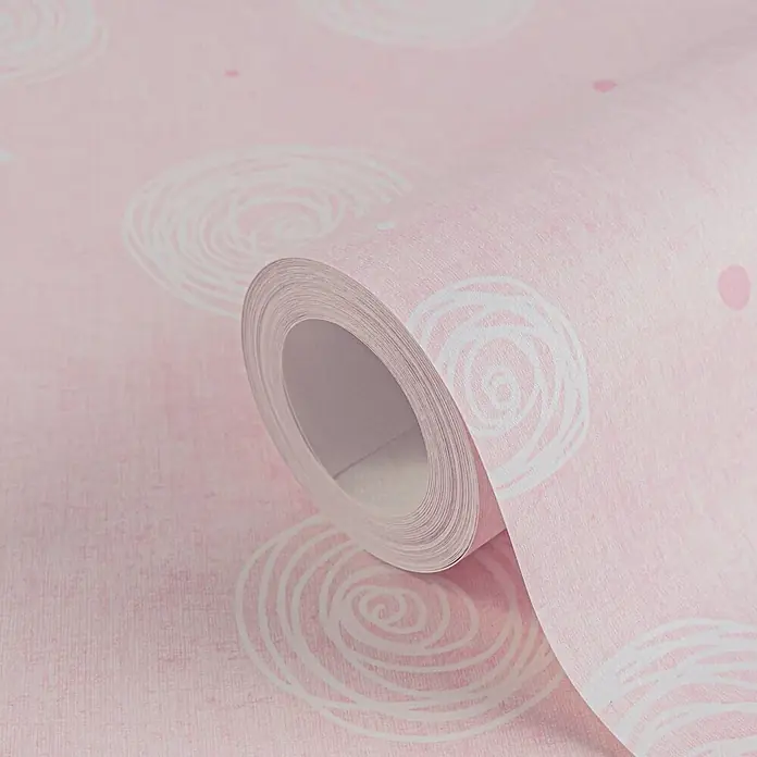 Profhome Vliestapete Vliestapete Grafisch, Kindertapete in rosa - alt-rosa, 10.050 x 530 mm - Gerollte rosa Tapete mit weißen abstrakten Rosenwirbeln und kleinen rosa Punkten.