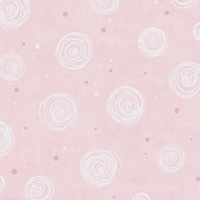 Profhome Vliestapete Vliestapete Grafisch, Kindertapete in rosa - alt-rosa, 10.050 x 530 mm - Rosa strukturierter Hintergrund mit weißen gekritzelten Kreisen und kleinen rosa und weißen Punkten.