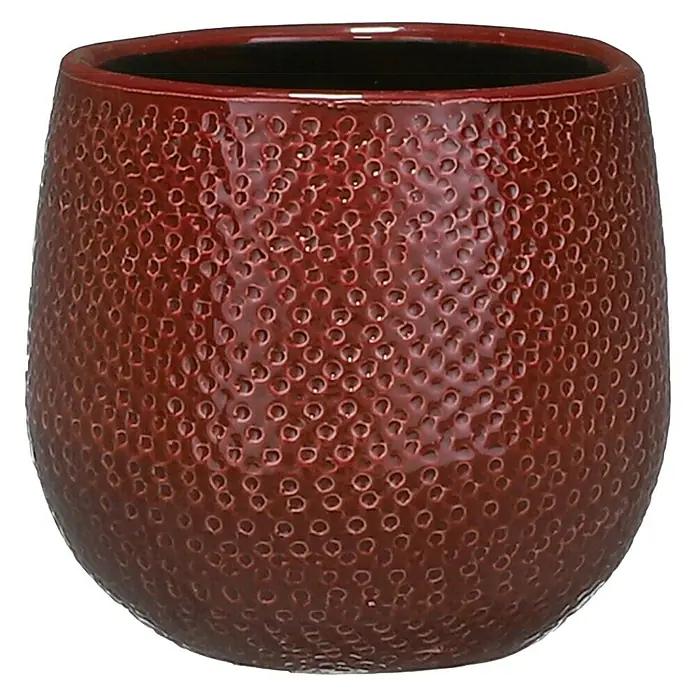 Mica Decorations Übertopf rund Gabriel - Außenmaß (Ø x H): 14 x 12 cm, Bordeaux, Keramik - Nahaufnahme eines bordeauxroten Pflanzgefäßes mit strukturierter Oberfläche und schwarzem Innenraum, ideal für Zimmerpflanzen.
