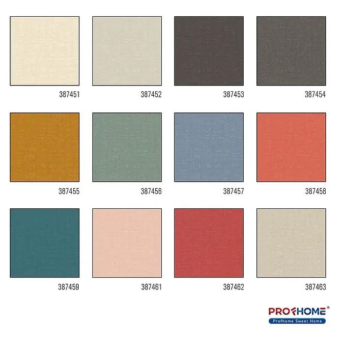 Profhome Vliestapete Heißgeprägte Vliestapete Textiloptik in gelb - ocker-gelb, 10.050 x 530 mm - Gitter aus 12 texturierten Stoffmustern in verschiedenen Farben, jeweils mit einer Produktnummer.